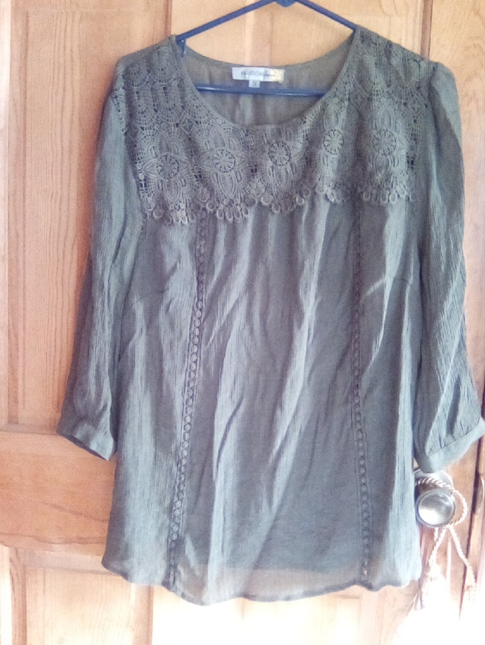Crochet Yoke Olive Tunic Top by Unknown Brand